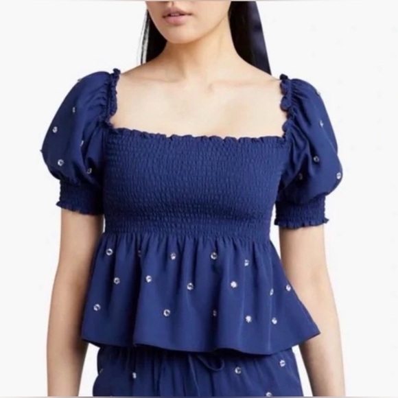 Tuckernuck Hill House Jeweled Smocked Top Navy S - Picture 2 of 16